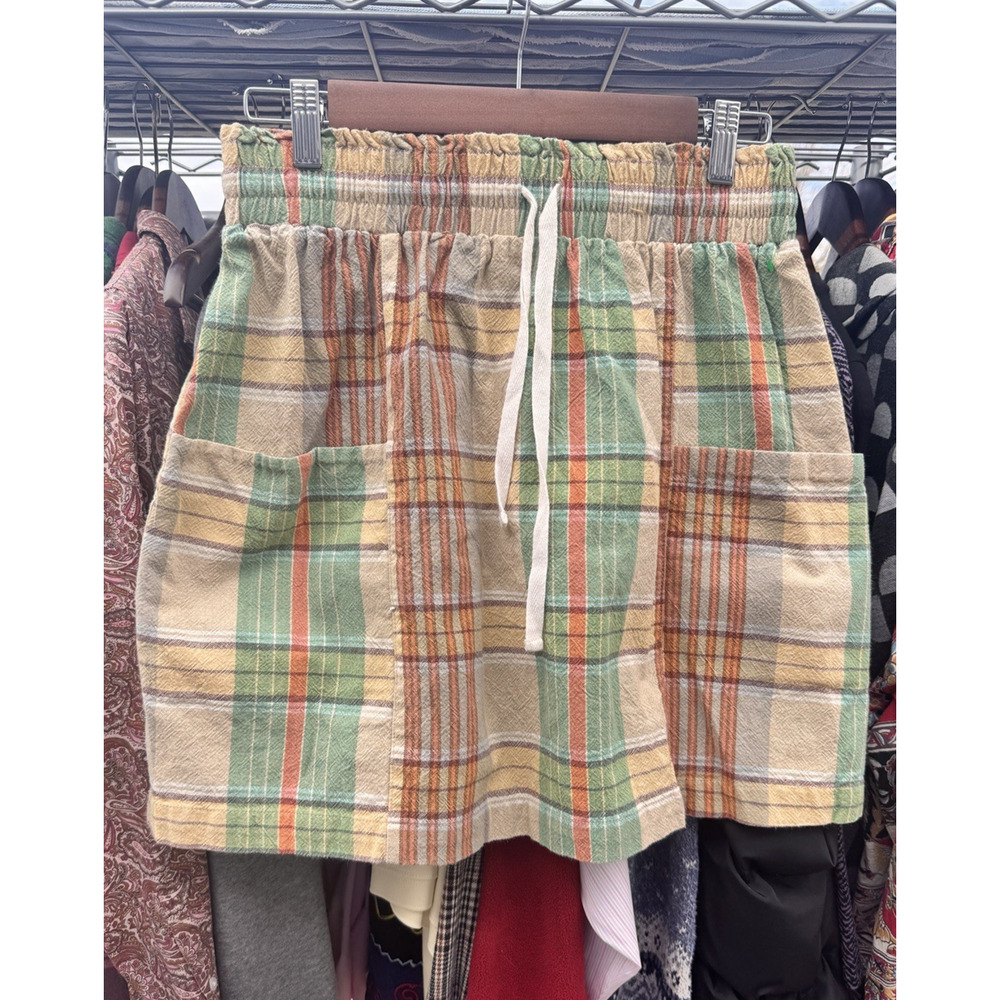 Urban Outfitters Mini Skirt L Women's Pastel Plaid Elastic Band w/ Draw String
